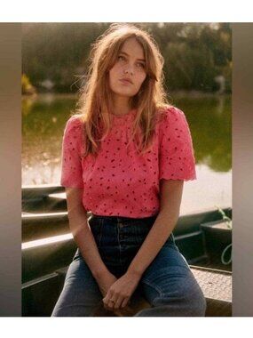 Sezane Louisah Pink Eyelet Short Sleeve Blouse Size 36 US 4